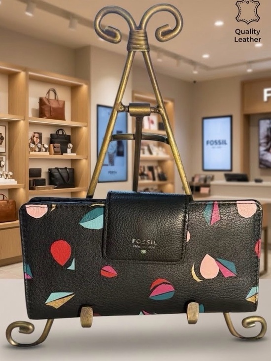 Fossil Handbags - Fossil Black Leather Continental Wallet with Multicolor Teardrop Motif